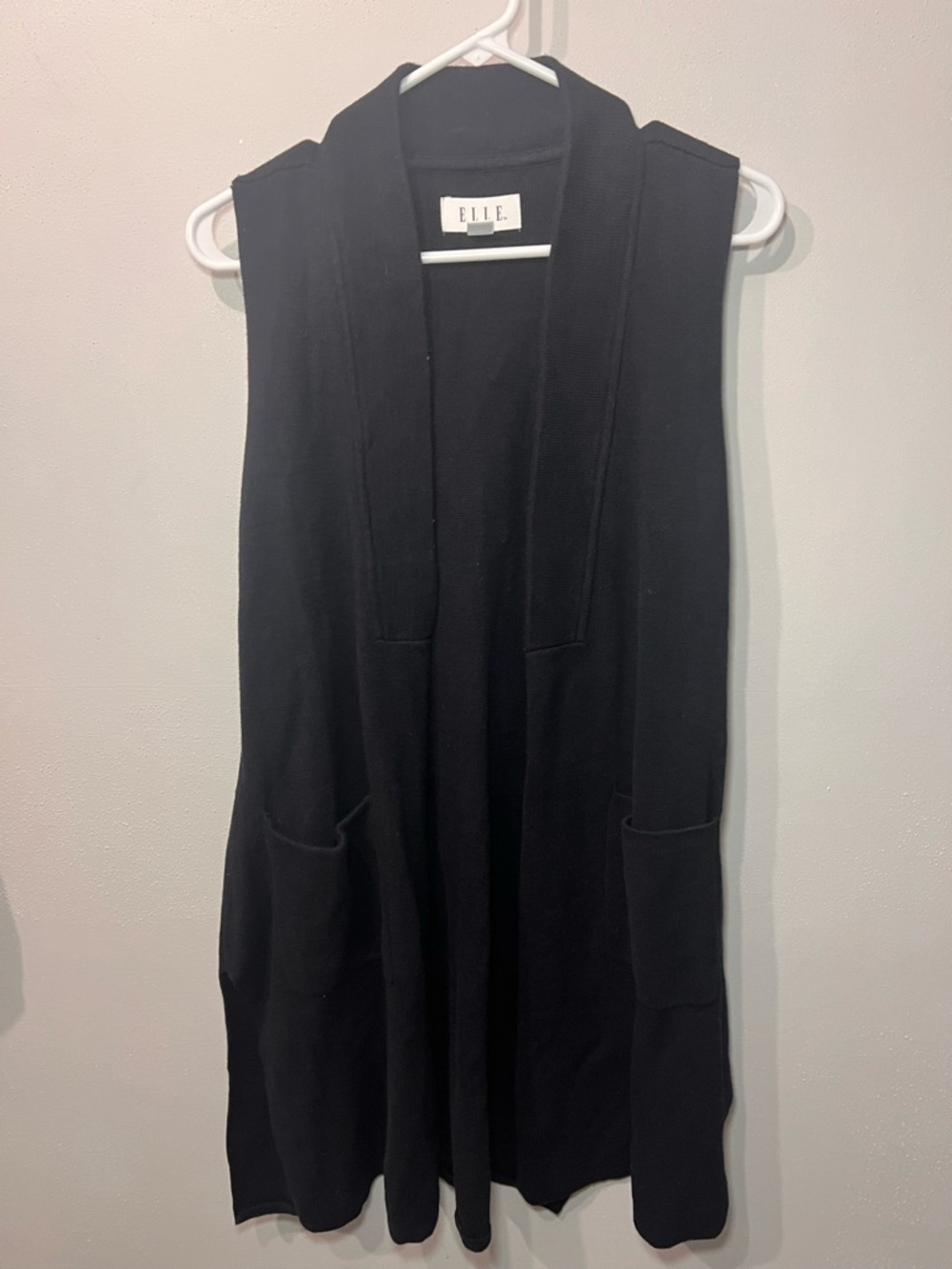 ELLE Black Sleeveless Open-Front Long sweater Vest cardigan pockets Size M